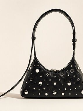 Zara Mirrored Rocker Black Studded Shoulder Bag